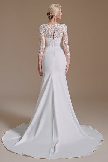 hvit havfrue lange ermer feie tog brudekjole med blonder